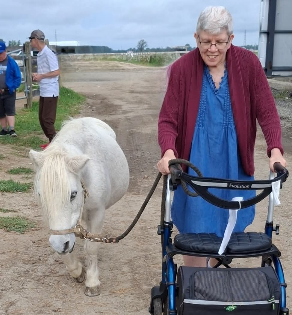 A participant using a walker leads a white pony along a farm lane