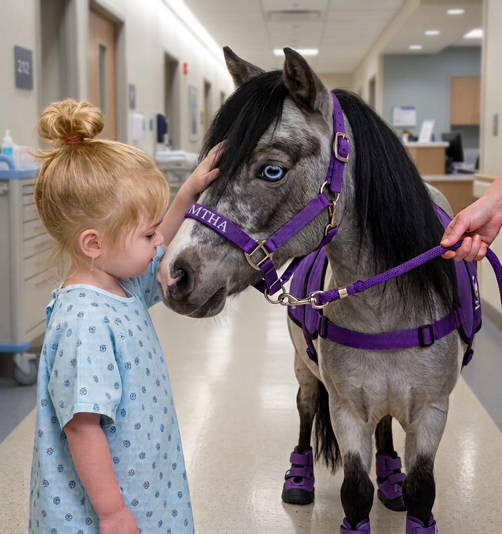 A miniature therapy horse meeting a young patient in a hospital hallway