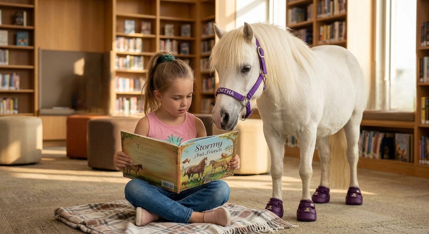 A child sitting cross-legged reading a storybook aloud to a white miniature therapy horse in a sunny library