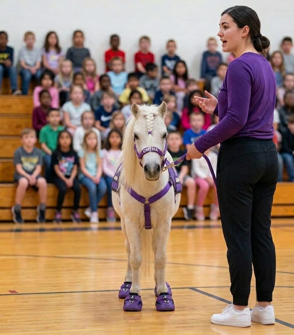 A handler introducing a miniature therapy horse to students in a school gym