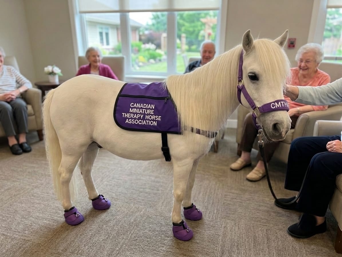 Residents smiling as a miniature therapy horse visits a seniors' lounge